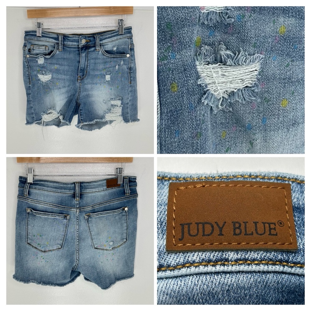 Judy Blue High Waist Denim Shorts Medium Stretch Denim Summer Distressed 29x3‎